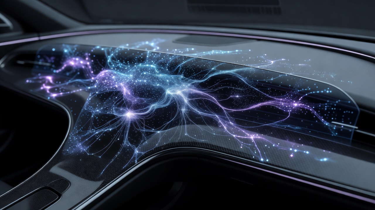 Futuristic digital vehicle dashboard rendered with AI neural network visualizer