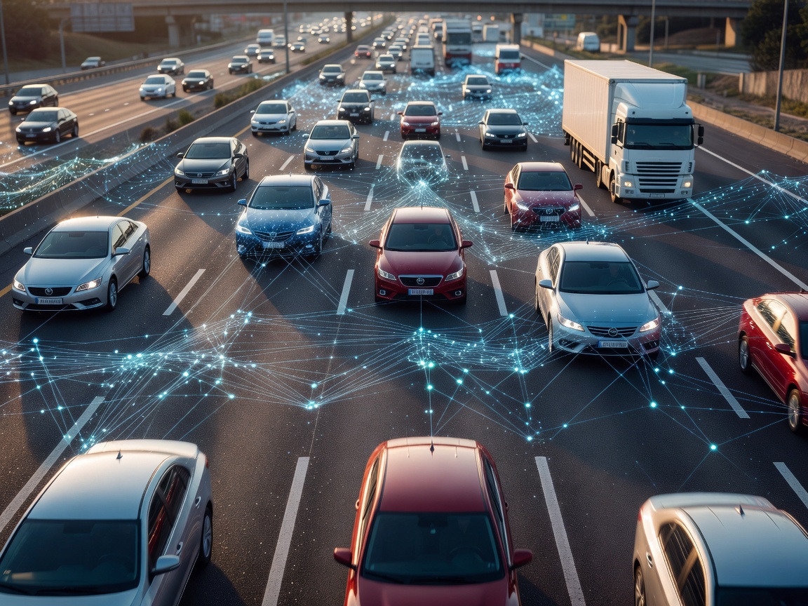 Neural network visual mesh projection overlaid on highway traffic scene